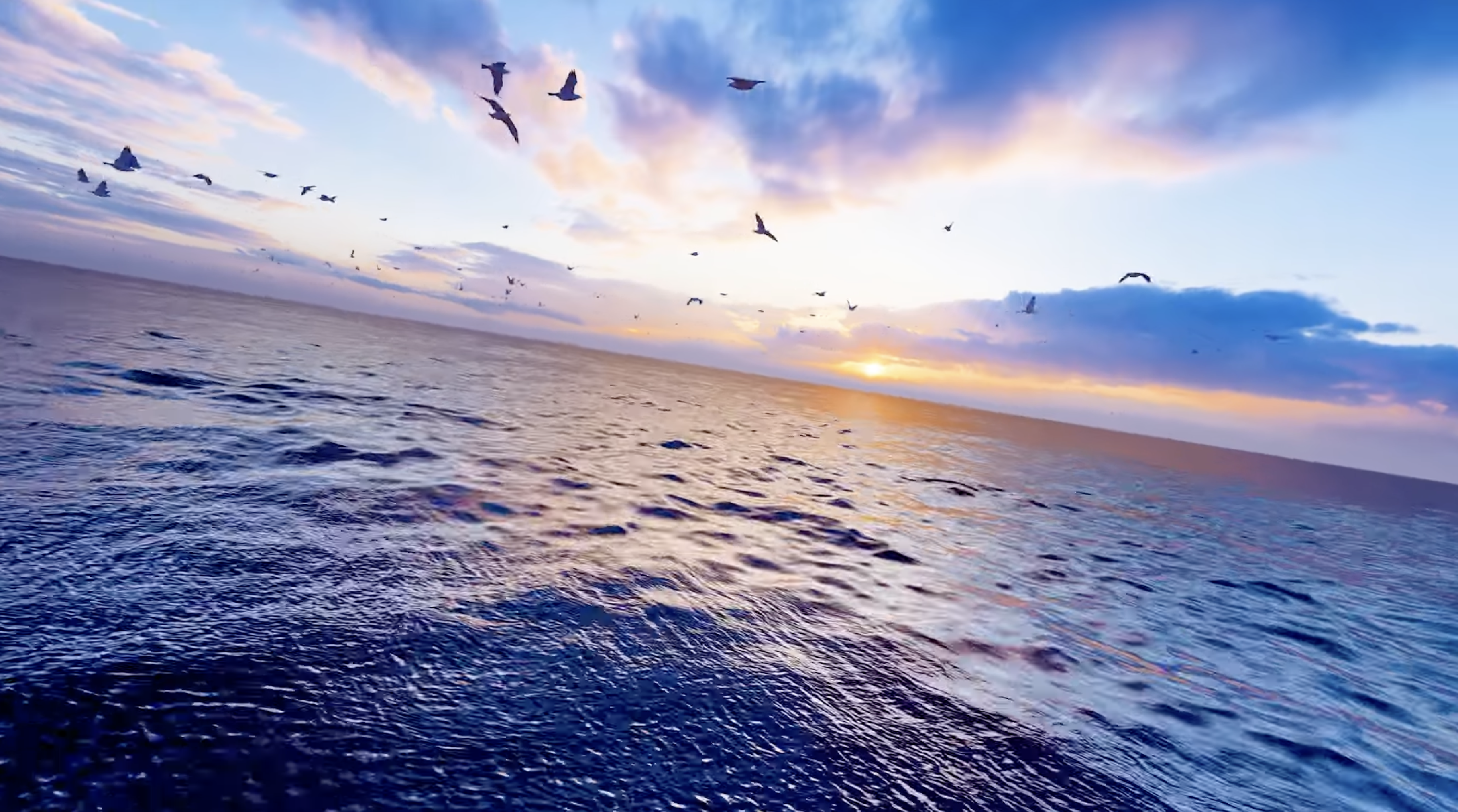 Sea birds fly over an ocean at sunsent.